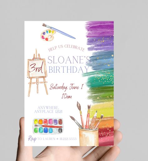 Art theme birthday invitation, rainbow paint and gold glitter, paintbrush, painting, coloring, little girl birthday party, age customizable Art Themed Party Invitations, Paint Birthday Party Invitations, Sip And Paint Birthday Invitations, Art Gallery Birthday Party, Dates Background, Paintbrush Painting, Artist Birthday Party, Art Birthday Invitations, Art Birthday Party Invitations