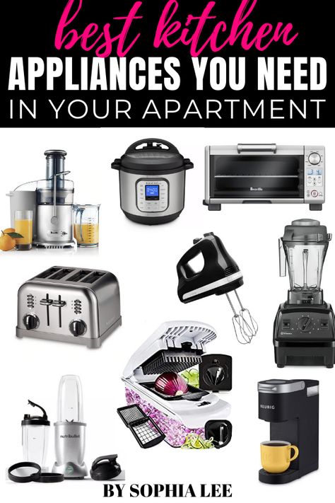 im moving into my first apartment next month and I've been trying to figure out what I need for my kitchen. this is such a good list of apartment kitchen appliances! so helpful List Of Kitchen Appliances, First Apartment Appliances, Home Neccesities List, Apartment Kitchen Appliances, Colors For Kitchens, College Apartment Checklist, House Necessities, Rental Hacks, College Apartment Bathroom