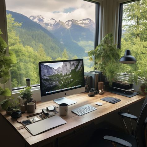 Dreamy Desk, Dream Workplace, Sauna Bathroom Design, Natural Artwork, Office With A View, Modern Home Offices, Cool Office Space, Green Office, Calming Sounds