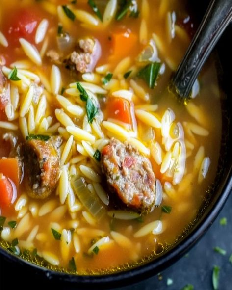 Italian Sausage Tomato Orzo Soup Recipe - Easy & Hearty Italian Sausage Soup Recipes Healthy, Sicilian Sausage Soup, Italian Sausage And Orzo Soup, Italian Sausage Orzo Soup, Ground Turkey Orzo Soup, Sausage Soup Recipes Healthy, Sausage Orzo Soup, Tomato Orzo Soup, Tomato Bisque Soup