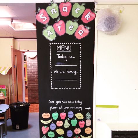 New rolling snack area display Self Registration Ideas, Snack Area, Preschool Displays, Self Registration, Classroom Snacks, Reception Classroom, Reception Class, Eyfs Classroom, Early Years Classroom