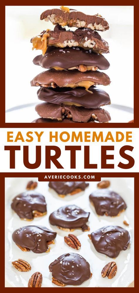 Pecan Turtles Recipe, Homemade Turtles, Turtle Recipe, Chocolate Turtle, How To Melt Caramel, Averie Cooks, Chocolate Turtles, Candy Recipes Homemade, Christmas Candy Recipes