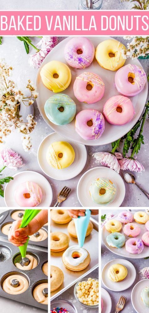 Baked Vanilla Donuts - Averie Cooks Silicone Molds Recipes, Baked Donuts Easy, Mini Donut Recipes, Donuts At Home, Tin Ideas, Donut Batter, Cake Donuts Recipe, Making Donuts, Easy Donuts