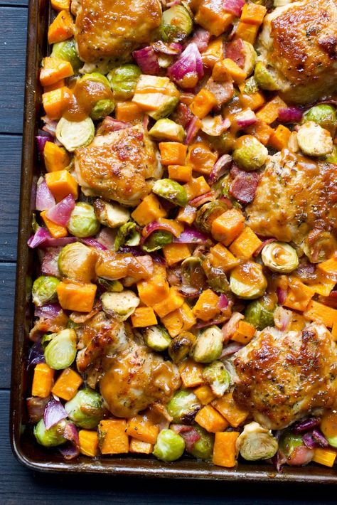 Sheet Pan Chicken, Brussels Sprouts & Butternut Squash with Balsamic Dijon Sauce Chicken Brussel Sprouts, Dijon Sauce, Butternut Squash Cubes, Winter Veggies, Whole30 Dinner Recipes, Sheet Pan Dinners Chicken, Chicken And Butternut Squash, Sheet Pan Chicken, Sheet Pan Dinners Recipes