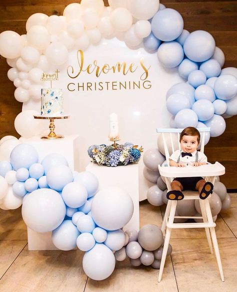 @balloons_worldwide on Instagram: “Jerome’s Christening Do you like it? Will you make it for your party ? Insp @balloons_worldwide 💙🥳 @thetreasureroom_ @mirrorhousehire…” Birthday And Dedication Decoration, Baby Dedication Decorations, Christening Backdrop Boy, Dedication Decorations Ideas, Baby Boy Christening Theme, Simple Christening Decorations, Baby Boy Dedication Party Ideas, Christening Balloon Decorations, Christening Decorations Boy