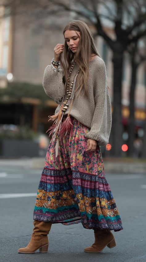 Her colorful, free-spirited Bohemian style immediately catches the eye. Our recipe for boho-chic involves a bright printed maxi skirt, loose-knit jumper, brown knee-high boots, with beads, feathers, and woven pieces as garnish. A trend you shouldn't miss in 2024 Boho Winter Aesthetic, Boho Aesthetic Outfit Winter, Boho Long Skirt Outfit, Boho Winter Clothes, Boho Winter Outfits Bohemian, Bohemian Outfits Summer Boho Chic, Bohemian Winter Style, Boho Chic Winter Outfits, Winter Outfits Boho