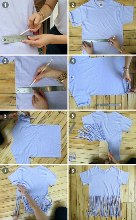 Old Tee Makeovers Part 2: The DIY Fringe Tee Tshirt Fringes Diy, Fringe Shirt With Beads, Fringe Tee Shirt Diy, How To Make Fringe Shirts, Diy Fringe T Shirt, Fringe Bottom Tshirt Diy, How To Make A Fringe Shirt, How To Fringe A Tee Shirt, Tee Shirt Upcycle Diy