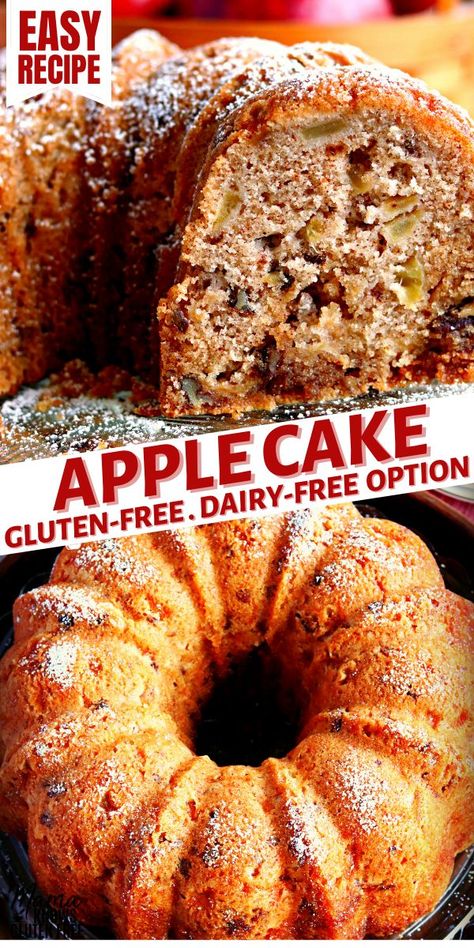 gluten-free apple cake and sliced gluten-free apple cake Apple Bundt Cake Recipe, Apple Dapple, Gluten Free Apple Recipes, Gluten Free Apple Cake, Apple Bundt Cake, Gluten Free Cake Recipe, Bundt Cake Recipe, Gluten Free Cupcakes, Moist Cake