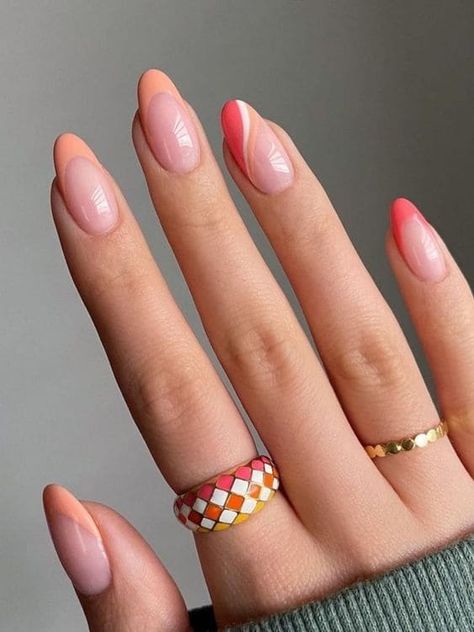 Peach French tips with coral swirls Coral Nail Designs, Coral Acrylic Nails, Coral Nail Art, Coral Nails With Design, Coral Nail, Hottest Nail Trends, Coral Nail Polish, Posh Nails, Cute Summer Nail Designs