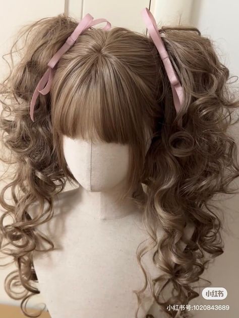 Cute Curly Pigtails, Curly Pigtails Drawing, Gyaru Wig, Curly Pigtails, Dolly Hair, Adorable Hairstyles, Gyaru Hair, Kawaii Hair, Dyed Hair Inspiration