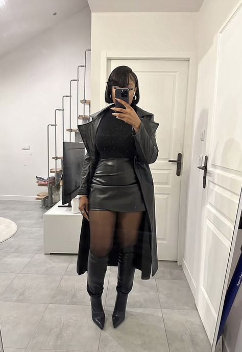 90s Boots And Skirt, Chunky Boot Outfit Ideas, Mini Skirt And Platform Heels, Black Short Leather Jacket Outfit, Black Bodysuit Skirt Outfit, Black Boots Night Outfit, Sheer Outfit Black Women, Leather Dress With Tights, Christmas Dinner Outfit Black Women