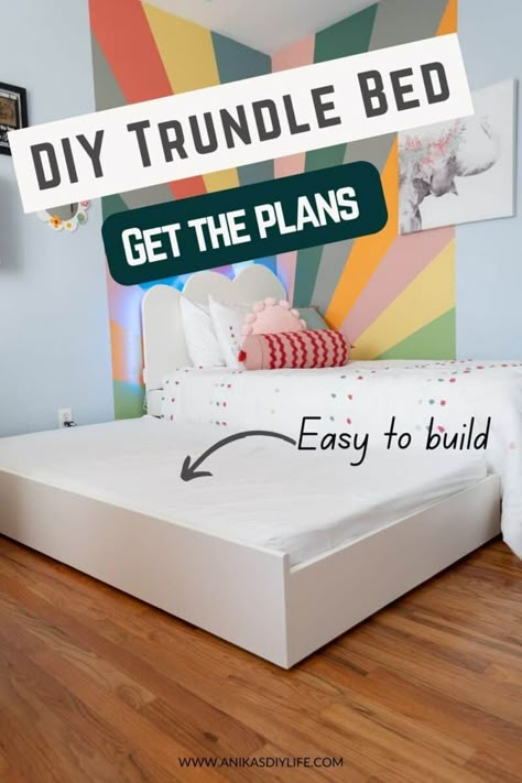 DIY Trundle bed for under a twin bed - detailed tutorial, plans and video. Easy Beginner-friendly project. #anikasdiylife #woodworking How To Make A Trundle Bed Diy, Diy Trundle Bed Frame, Diy Pull Out Bed, Diy Kids Bed Frame, Trundle Bed Diy, Diy Trundle Bed, Trundle Beds Diy, Diy Trundle, Trundle Bed Plans