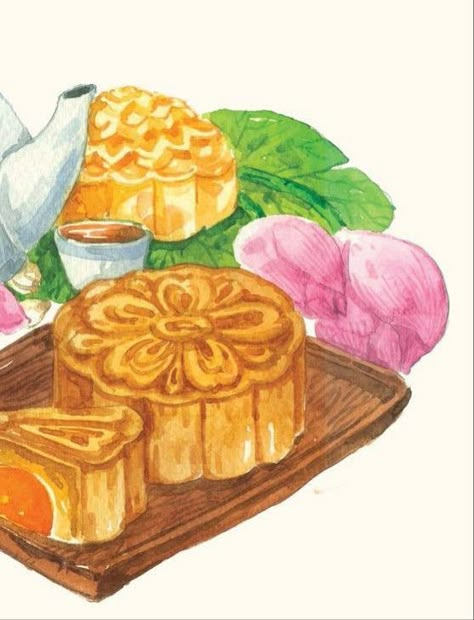 Mooncake Drawing, Moon Cake Drawing, Mooncake Poster, Art Food Painting, Cake Artwork, Childhood Food, Mooncake Festival, Cake Vector, Food Artwork