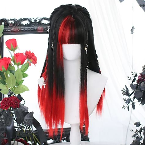 Synthetic Long Straight Hair Red Black Gradient Hair Lolita Cosplay Party Heat Resistant Wig For Women - Synthetic Wigs(for Black) - AliExpress Red Black Clothes, Long Red And Black Hair, Red And Black Hairstyles, Red And White Hair Color, Red Hairstyle, Red Hair Art, Red And Black Outfits For Women, Red Gradient Hair, Red And Black Wig