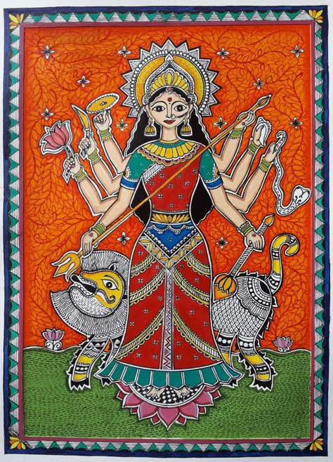 My handpainted Maa durga painting in Madhubani style #madhubani #indianfolkart Devi Madhubani Painting, Kalamkari Durga Painting, Durga Kalighat Painting, Maa Durga Madhubani Painting, Nav Durga Madhubani Painting, Durga Maa Madhubani Painting, Madhubani Background, Madhubani Durga Painting, Durga Maa Paintings Folk Art