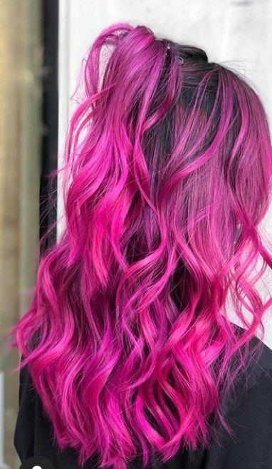 Fuschia Ombre Hair, Hot Pink Hair Styles, Hot Pink Hair Streaks, Valentines Hair Color, Hot Pink Balayage, Fuschia Hair, Magenta Hair Colors, Pink Hair Streaks, Pink Hair Highlights