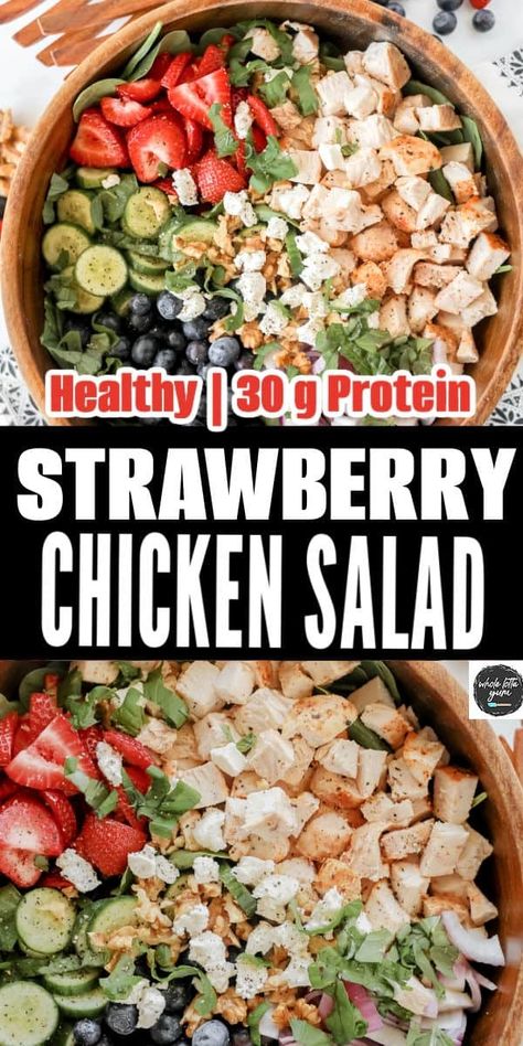 Strawberry Chicken Salad (Healthy & Easy!) - Whole Lotta Yum Keto Summer Salads, Air Fryer Spinach, Keri Recipes, Salad High Protein, Chicken Salad Healthy, Chicken Strawberry, Bean Salad Healthy, Strawberry Chicken, Whole Lotta Yum