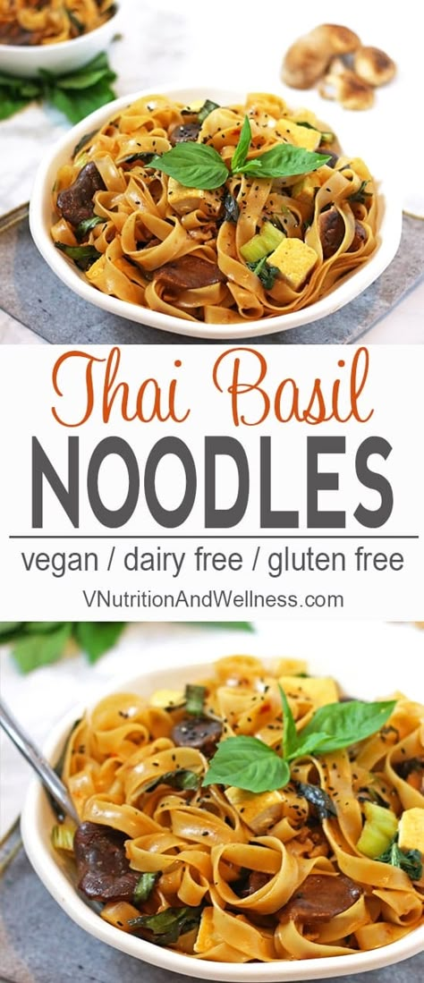 Thai Basil Noodles, Basil Noodles, Vegan Noodles, Pastas Recipes, Gluten Free Noodles, Basil Recipes, Vegan Asian, Thai Basil, Vegan Dinner Recipes