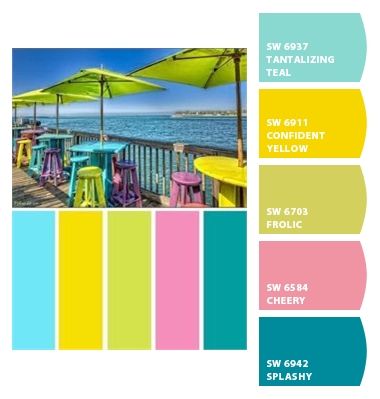 Key West House Colors Fun Beach House Exterior Colors, Key West Design, Key West Patio Ideas, Key West Kitchen Ideas, Key West Home Decor, Key West Color Palette, Tropical Exterior House Colors, Colorful Beach House Exterior, Tropical Paint Colors