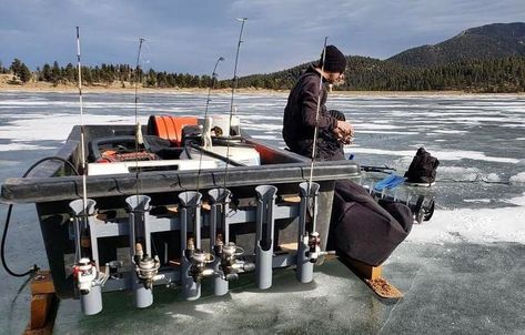 Rod-Runner 3 rod racks can hold any fishing rod in any direction! Removable rod holders work with all RodRunner fishing pole caddies! Ice Fishing Sled Modifications, Smitty Sled, Ice Fishing Rod Holders, Ice Sled, Ice Fishing Diy, Ice Fishing Sled, Ice Fishing Gear, Ice Fishing Rods, Fishing Rod Storage