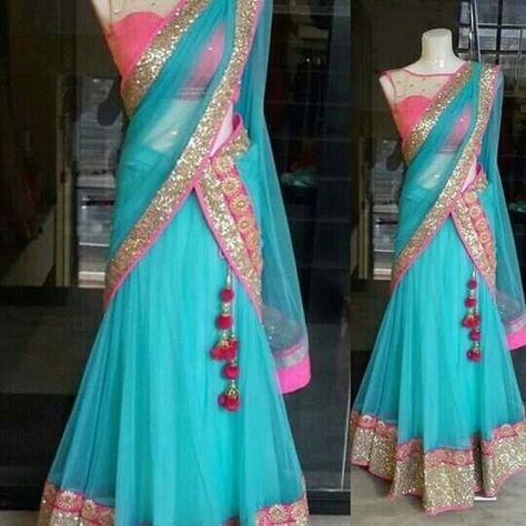 Best Saree Colour Combination, Half Saree Lehenga Color Combinations, South Indian Wedding Bride, Saree Colour Combination, Color Combinations Blue, Lehenga Color Combinations, Sky Blue Saree, Lehenga Saree Design, Half Saree Lehenga