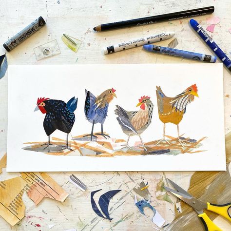 Watercolor Collage Art, Chicken Collage, Moodboard Illustration, Collage Animals, Collage Watercolor, Art Crayon, Primary School Art, Chicken Illustration, Cut Paper Illustration