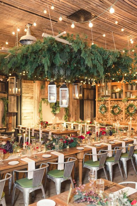 A Luxe-Meets-Rustic Christmas-Themed Wedding at Terrain at Styers in Glen Mills, Pennsylvania Floating Tea Candles, Winter Wonderland Wedding Centerpieces, Evergreen Centerpiece, Centerpiece With Greenery, Mercury Glass Centerpiece, Christmas Wedding Centerpieces, Floral Wedding Decor, Gold Votive Candles, Hanging Ladder