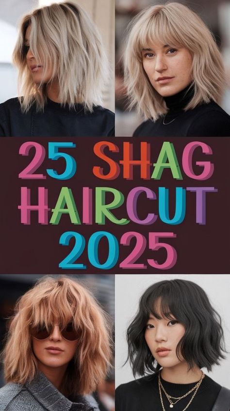 The modern shag haircut in 2025 is all about texture, layers, and volume, perfect for creating an effortlessly cool look on medium-length hair. Ideal for both straight and wavy hair, this style incorporates soft, wispy bangs and choppy layers, adding movement and body. Perfect for women with naturally wavy or curly hair, this shag cut brings a touch of the 70s and 80s into a contemporary look that’s both easy to maintain and versatile. Soft Shag Medium Hair, Chunky Medium Haircut, Shag Bob With Bangs Thick Hair, Collar Bone Length Shag Haircut, 70 Shag Hairstyles Medium, Medium Shag Without Bangs, Middle Age Shag Haircut, Shag Hairstyles Short Medium, Fine Shaggy Hair