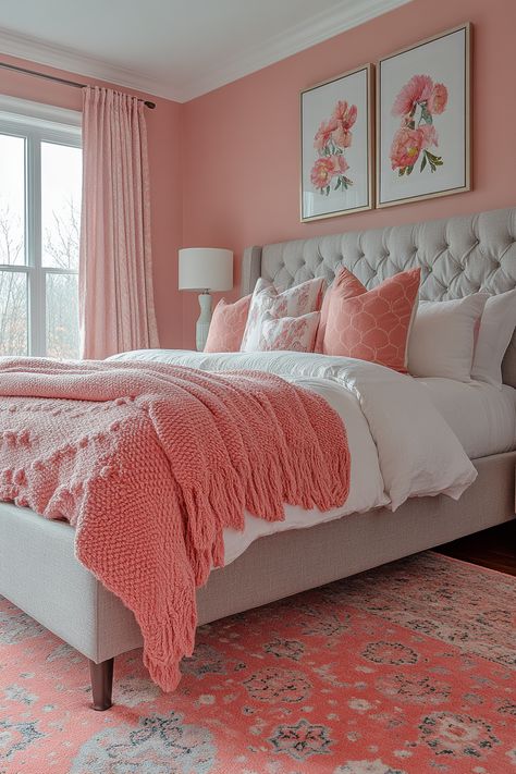 Create a dreamy master bedroom with a pink and grey color palette. These 25 ideas showcase elegant and modern designs with plush bedding, stylish furniture, and soft lighting.  Enjoy a relaxing and luxurious ambiance in your personal sanctuary. Peach And Grey Bedroom, Pink Grey Bedroom, Pink And Grey Bedroom Ideas, Pink And Grey Bedroom, Pink Gray Bedroom, Grey Bedrooms, Black And Grey Bedroom, Gray Upholstered Headboard, Grey Floating Shelves