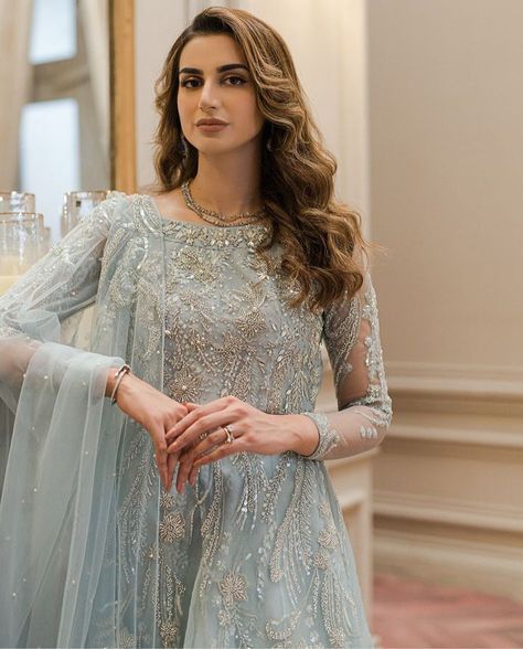 Ice Blue Indian Outfit, Blue Indian Outfit, Ice Blue Gown, Pakistani Maxi Dresses, Net Dress Design, Ice Blue Dress, Light Blue Bridesmaid Dresses, Affan Waheed, Embroidered Suits