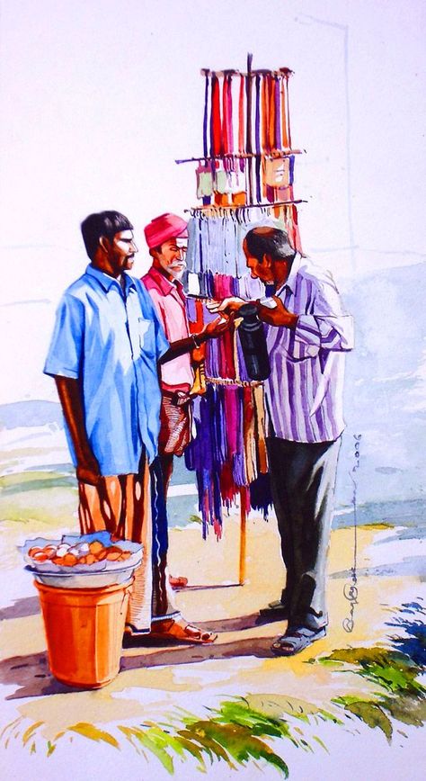 Market Composition Drawing, Subject Drawing, Watercolour Practice, Watercolor Composition, Indian Drawing, Memory Drawing, Market Scene, Childhood Memories Art, Composition Drawing