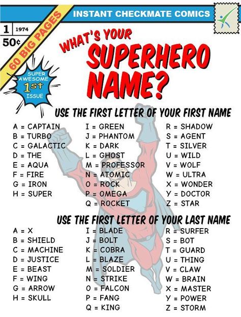 What's Your Name Generator | What's Your Superhero Name? Superhero Camp, Superhero Vbs, Silhouette Disney, Superhero Classroom Theme, What's Your Name, Superhero Crafts, Superhero Classroom, Superhero Names, Super Hero Theme