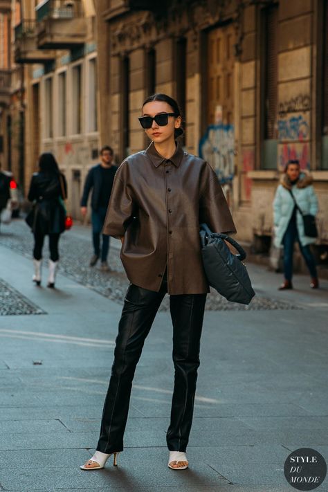 Milan Fall 2020 Street Style: Beatrice Gutu - STYLE DU MONDE | Street Style Street Fashion Photos Beatrice Gutu Classic Edgy Style Aesthetic, Leather Shirt Street Style, Leather Shirt Outfit Street Style, Berlin Style Street, Leather Shirt Outfit, Beatrice Gutu, Berlin Fashion Street, Leather Street Style, 2020 Street Style