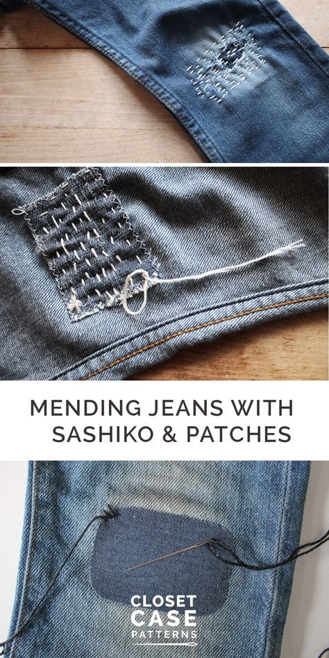 Fun and easy tutorial to mend your denim and repair your jeans with sashiko embroidery and boro patches! Sewing tutorial from Closet Core Patterns. Fix Ripped Jeans, Jeans Mending, Boro Embroidery, Mending Jeans, Jeans Tips, Sew Jeans, Sashiko Mending, How To Patch Jeans, Sashiko Tutorial