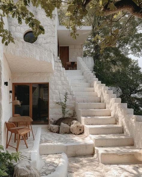 Casa de Piedra: A Contemporary Ode to El|Visualization Stone House Garden, White Marble Staircase, Stone Villa, Marble Staircase, Italian House, House Fashion, Modern Residence, Spanish Style Home, Mediterranean Design