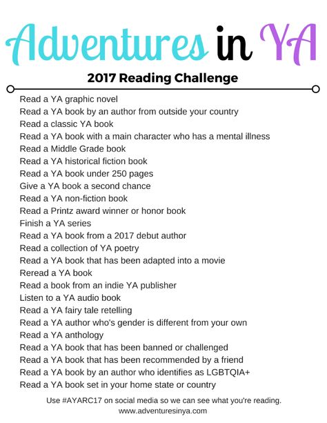 2017 Reading Challenge - Adventures In YA Ya Reading Challenge, Reading Challenge Ideas, Summer Reading Chart, Reading Checklist, 100 Book Challenge, Reading Log Printable, Lots Of Books, Reading List Challenge, Dogs Instagram