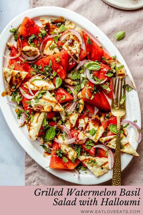 This grilled watermelon basil salad is vibrant and refreshing. Served with grilled halloumi, this salad has it all, it's packing plenty of flavour and is super hydrating and cooling especially during the hot summer months. Wake up your tastebuds with this simple yet utterly delicious salad that can be whipped up in under 20 minutes. YUM! Summer salads for the win! | eatloveeats.com Watermelon Basil Salad, Halloumi Recipes, Watermelon Basil, Basil Salad, Grilled Watermelon, Halloumi Salad, Vegetable Skewers, Grilled Halloumi, Watermelon Salad