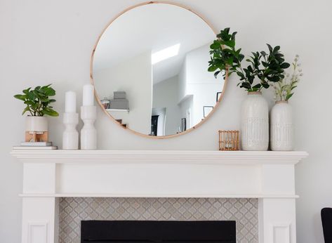 Long Mantel Decorating Ideas Modern, Clean Mantle Decor, Layered Prints On Mantle, Tall Mantel Decor, Double Mantle Decorating Ideas, Mantle Vase Decor, Mantle Decor High Ceiling, Mantle Decor Round Mirror, Fireplace With Round Mirror