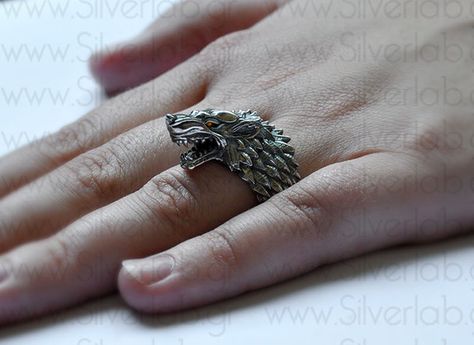 * Handcrafted / Sterling Silver 925 / Size - on Order * Genuine gemstones of choice for the Direwolf's eyes: Ruby / Emerald / Sapphire House Stark's sigil is a grey direwolf on a white field, somet... House Of Stark, Stark Direwolf, Robb Stark, Ring Game, House Games, House Stark, Dire Wolf, Gra O Tron, Games Of Thrones