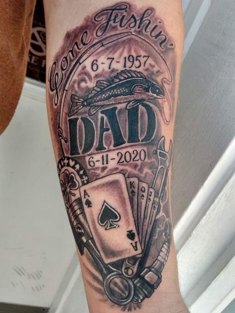 Memorial tattoo for my Dad who passed away. This tattoo represents some of the things he enjoyed doing and things that we did together. He was my best friend, a great mentor and father. He loved fishing, especially for walleye. We also played poker together and enjoyed working on cars and fixing or building things. I miss you and love you ole man Passing Loved One Tattoo, Grandpa Memorial Tattoo For Men, Tattoo Ideas For Loved Ones Who Passed For Men, Tattoo For Nana Passing Men, Memorial Tattoos For Men Grandpa, Poker Memorial Tattoo, Father Memorial Tattoo, Fishing In Heaven Tattoo, Dad Tattoos For Men