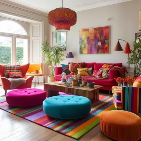 70s Living Room, Colorful Living Room, Funky Living Rooms, Furnitur Ruang Keluarga, Vibrant Living Room, Colourful Living Room Decor, Funky Decor, Casa Vintage, Colourful Living Room