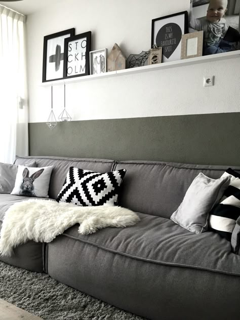 Half Green Wall Living Room, Feature Wall Behind Couch, Half Painted Wall Living Room, Half Wall Living Room, Green Home Interior, Green Dorm Room, Wall Behind Couch, Green Walls Living Room, Half Painted Walls