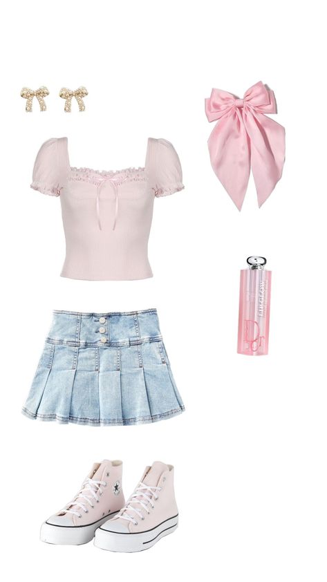 coquette outfit Cute Couqutte Outfits, Pink Clothing Ideas, Couqutte Summer Outfits, Coquette Outfit Moodboard, Coquette Outfit Collage, Coquette Outfit For School, Coquette Casual Outfit, Coquette Pants Outfit, Coquette Outfits Summer