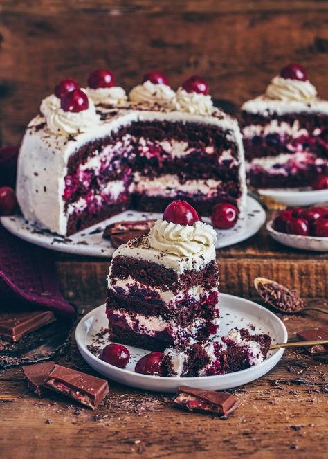 Black Forest Cake - Chocolate Cake with Cherries and Cream Black Forest Cake Easy Recipes, Cake Black Forest, Catherine Zhang, Fluffy Chocolate Cake, Chocolate Cherry Cake, Microwave Cake, Dairy Free Cream, Chocolate Sponge Cake, Black Forest Cake