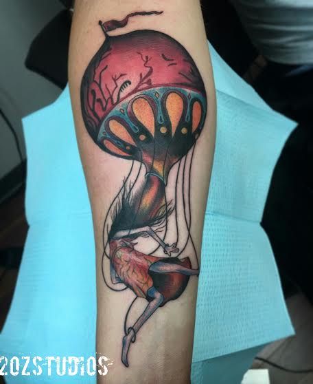 Incredible Circa Survive themed tattoo by Rebecca G. Original artwork by Esao Andrews. #12ozstudios #team12oz #tattoos #tattooartist #circasurvive #esaoandrews #music #punk #emo #bandtattoos #tattoosformen #tattoosforwomen Esao Andrews Tattoo, Circa Survive Tattoo, Esao Andrews, Survival Tattoo, Hot Air Balloon Tattoo, Air Balloon Tattoo, Circa Survive, Imogen Heap, Balloon Tattoo