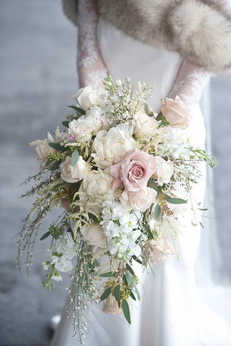 Winter Bride Inspiration - Connecticut in Style Vintage Bouquet Wedding, Cascading Bridal Bouquets, Pink And White Weddings, Cascading Wedding Bouquets, Winter Bouquet, Bridal Bouquet Flowers, Winter Wedding Colors, Spring Wedding Colors, Cascade Bouquet