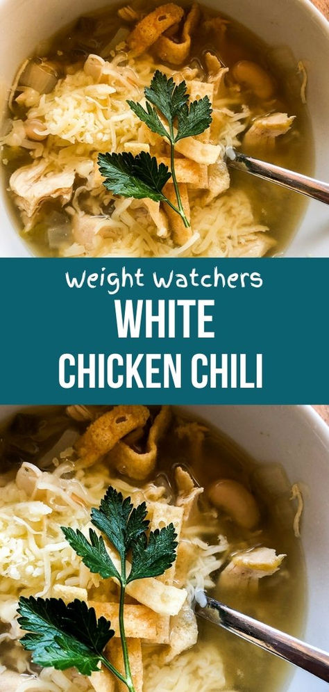 White chicken chili makes an easy and quick meal that is cooked entirely in your Instant Pot! This chili is full of great for Weight Watchers and uses a lot of zero-point ingredients such as green chilis, chicken, and beans. The chicken and beans are cooked in a flavorful chili broth and you can top your chili with corn, cheese, or wonton chips. Weight Watchers White Bean Chicken Chili, White Chicken Chili Weight Watchers, Zero Point White Chicken Chili, Ww White Chicken Chili, White Bean Chicken Chili Soup, Weight Watchers Chicken Chili, Weight Watchers White Chicken Chili, Chili With Corn, Chicken And Beans