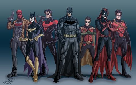 Batman, Batwoman, Robin (character), Batgirl, Red Robin, Nightwing ... Bat Family Members, Bat Wallpaper, Batman Anime, Nightwing And Batgirl, Robin Dc, The Bat Family, Dc Comics Wallpaper, I'm Batman, Batman Wallpaper