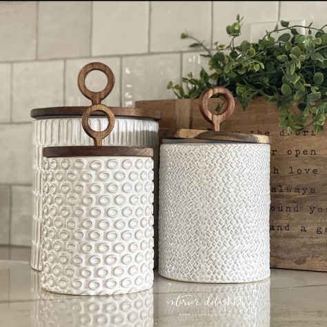 Interior Delights, Kitchen Entertaining, Ceramic Canister Set, Kitchen Countertop Decor, Circle Top, Ceramic Utensil Holder, Farmhouse Living Room Furniture, Countertop Decor, Metal Canisters