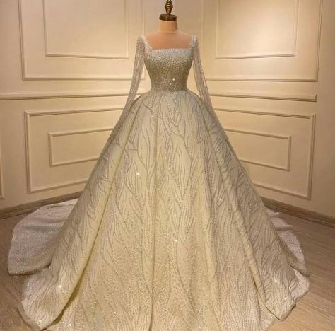 Wedding Dress With Button Back, Arab Wedding Dress, Shiny Wedding Dress, Square Neck Wedding Dress, Arabic Wedding Dresses, Baju Kahwin, Wedding Gown Brand, Wedding Dress Outfit, Arab Wedding